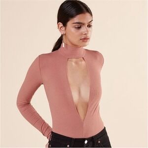 Reformation Ribbed Mock Neck Cutout Long Sleeve Bodysuit Pink Mauve Size Medium